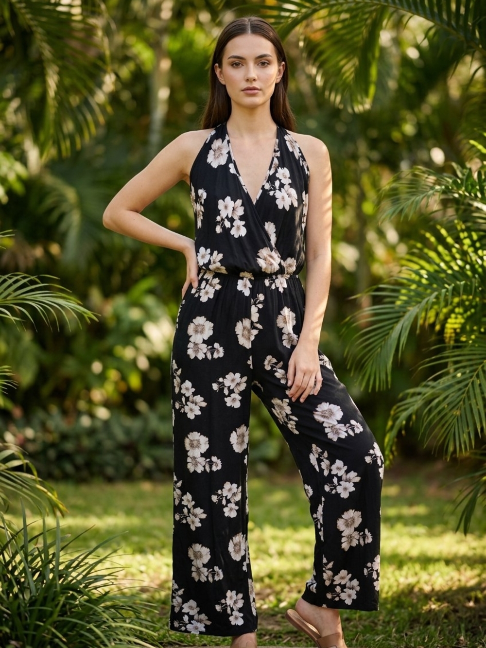 Brandy Melville Black Floral Sleeveless Halter Jumpsuit